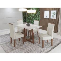 Mesa Livia Rectangular Blanca + 4 Sillas Livia Linho Claro